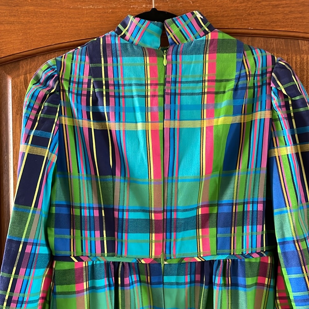 Vintage Plaid 1970’s Mod High Collar Puff Sleeve Long Dress Size Small - Picture 7 of 14